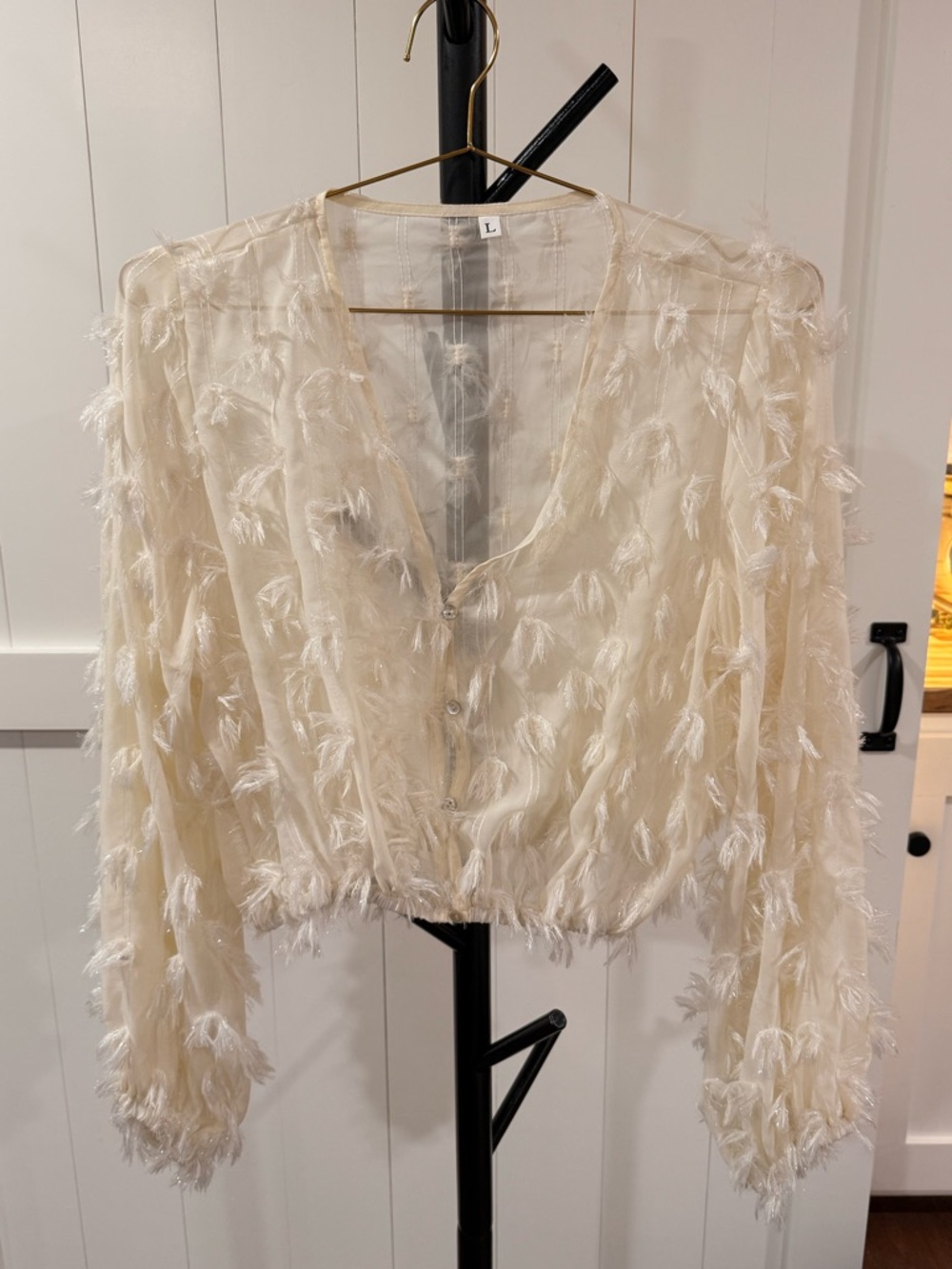 Sheer Feather-Trim Button Front Top - Cream